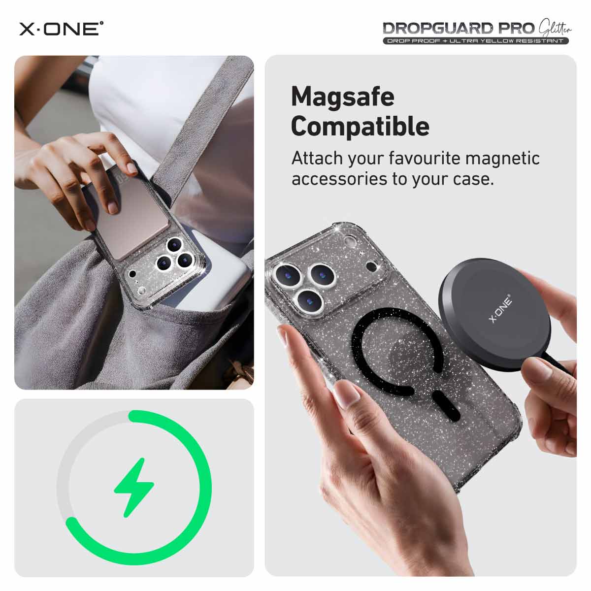 X.One Dropguard Pro Glitter Impact Protection Case with EnduraClear for iPhone 17 Series | Magsafe Compatible