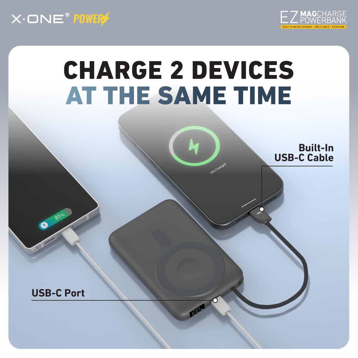 X.One® EZ MagCharge 10000mAh MagSafe Wireless Power Bank — 2 Devices Charging