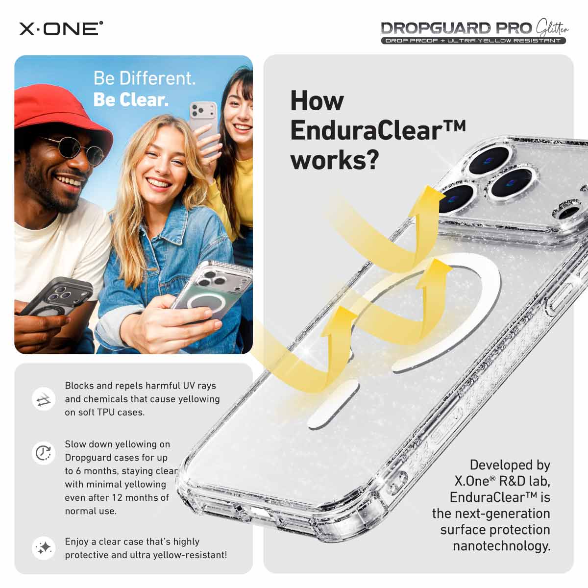 X.One Dropguard Pro Glitter Impact Protection Case with EnduraClear for iPhone 17 Series | Magsafe Compatible