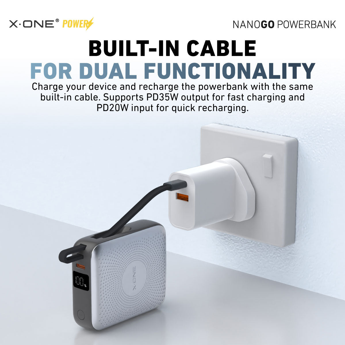 X.One NanoGo PD35W with Built-In Cable Fast Charging 10,000mAh Powerbank with Digital Display Compact Size