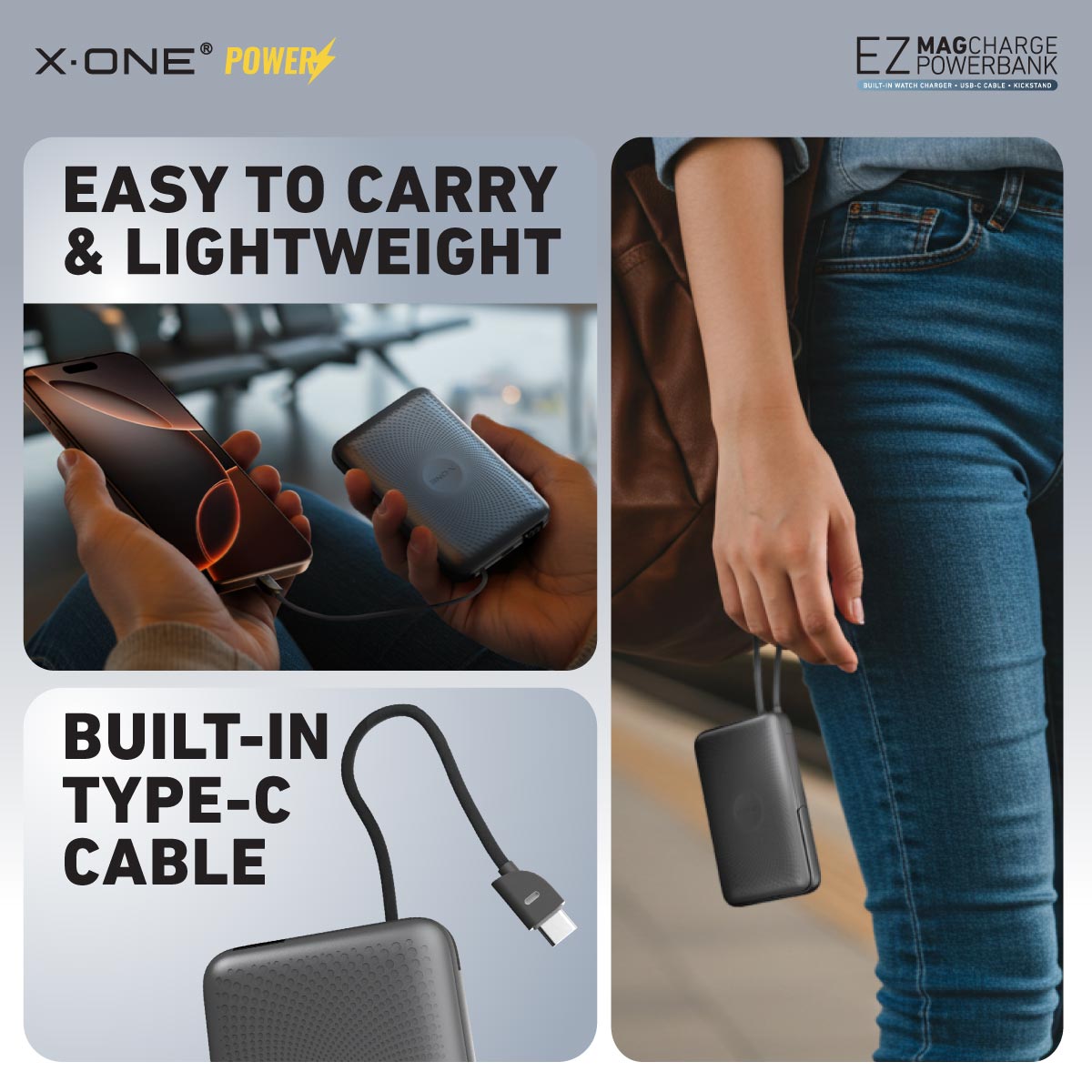 X.One EZ Magcharge Magnetic Wireless Powerbank with Built-in Fast Charging Cable Kickstand