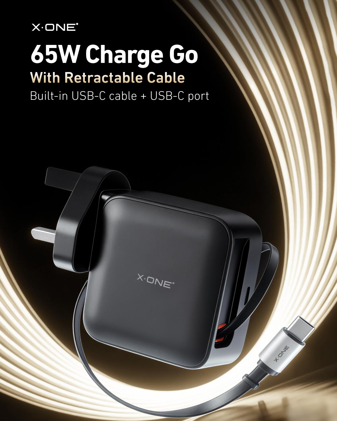 X.One® ChargeGo 65W Retractable Cable GaN Charger — Feature 1
