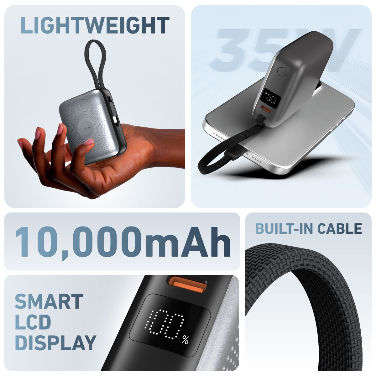 X.One NanoGo PD35W with Built-In Cable Fast Charging 10,000mAh Powerbank with Digital Display Compact Size