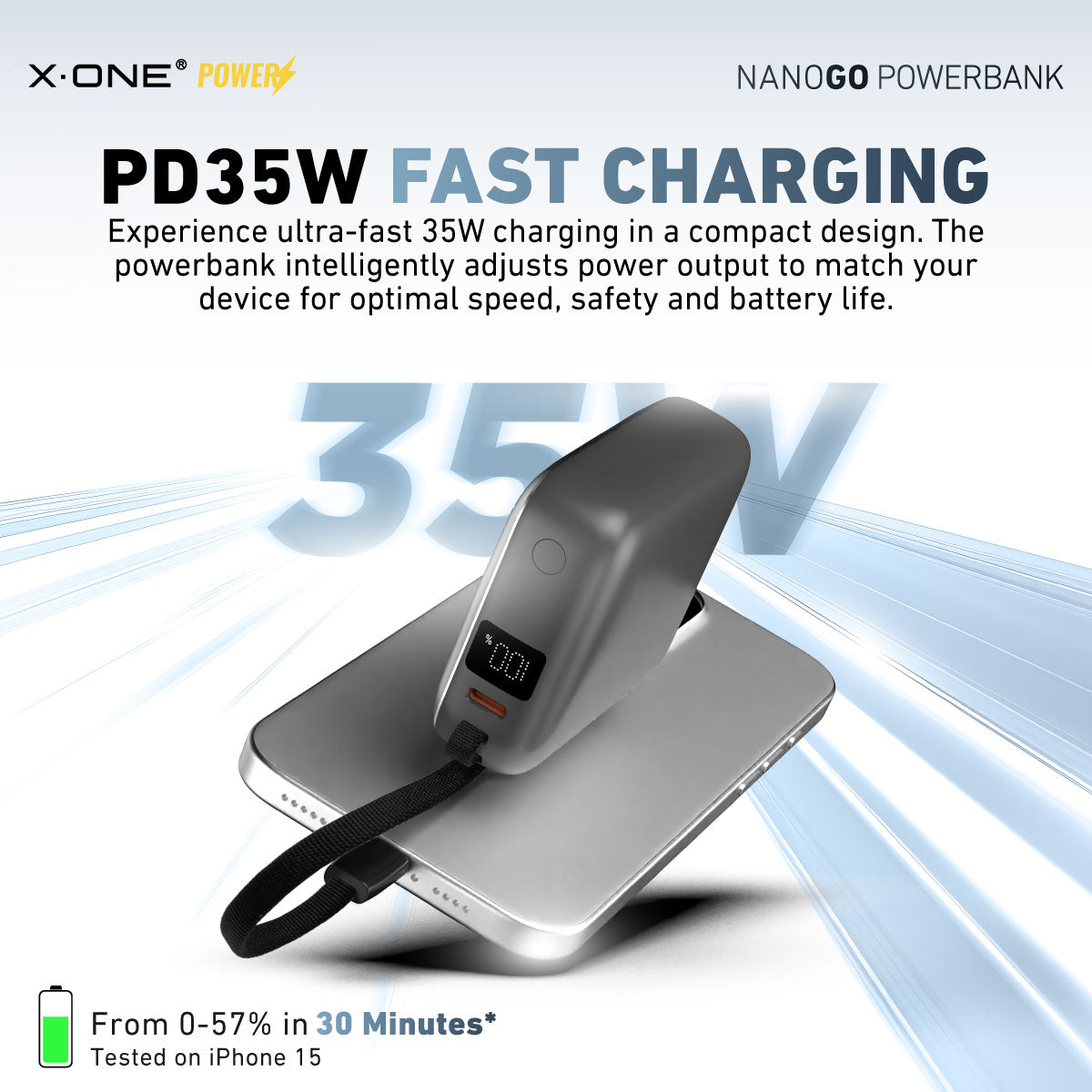 X.One NanoGo PD35W with Built-In Cable Fast Charging 10,000mAh Powerbank with Digital Display Compact Size