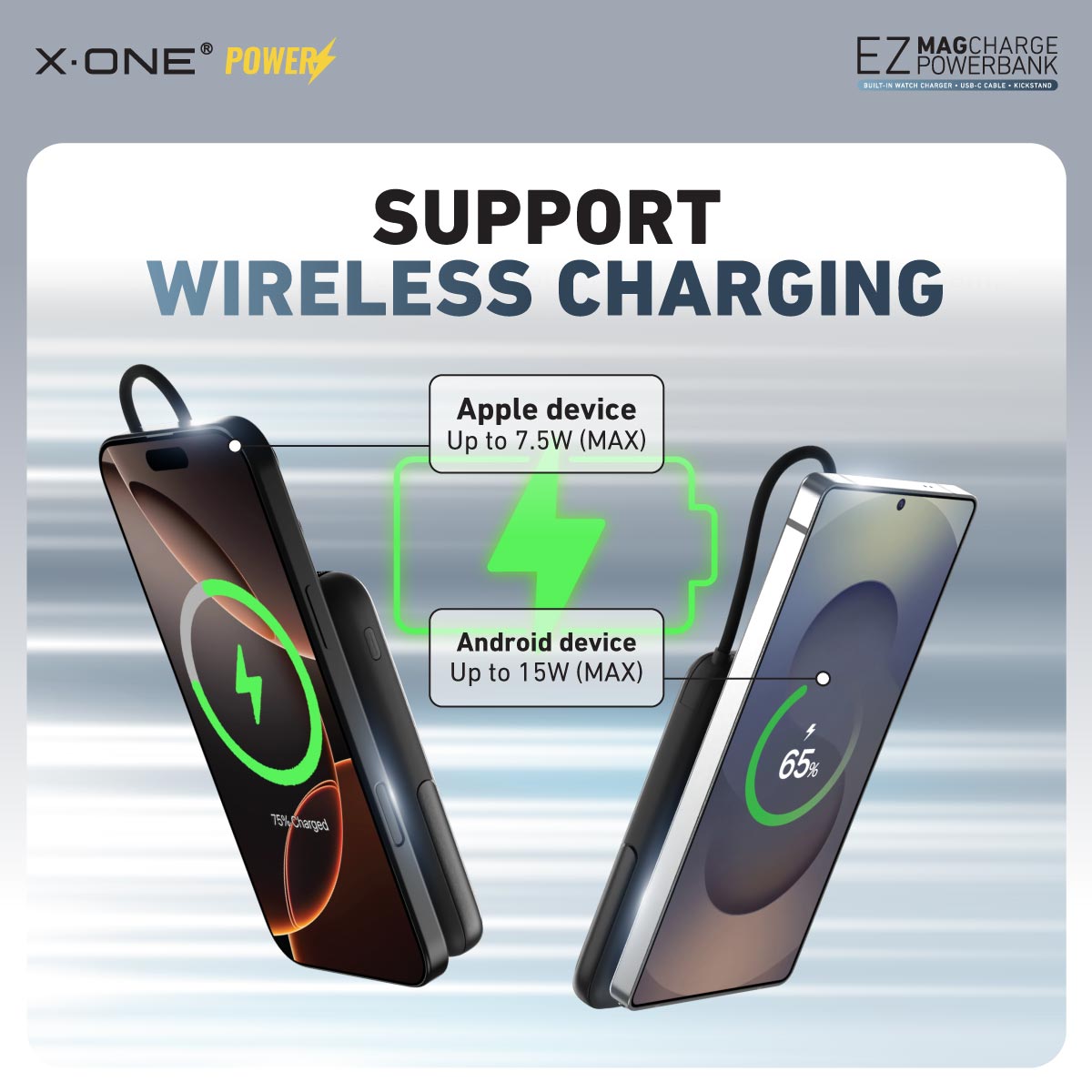 X.One EZ Magcharge Magnetic Wireless Powerbank with Built-in Fast Charging Cable Kickstand
