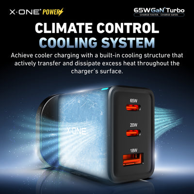 X.One® 65W GaN 6 Turbo 3-Port Fast Charger — Climate Control Cooling System