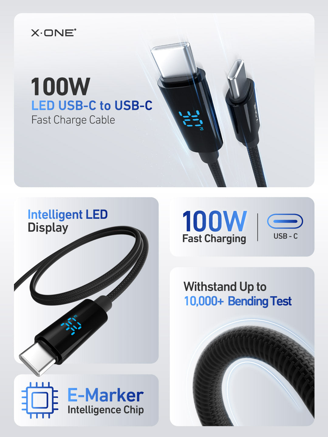 X.One® BoltLink 100W USB-C LED Cable — Graphic Summary