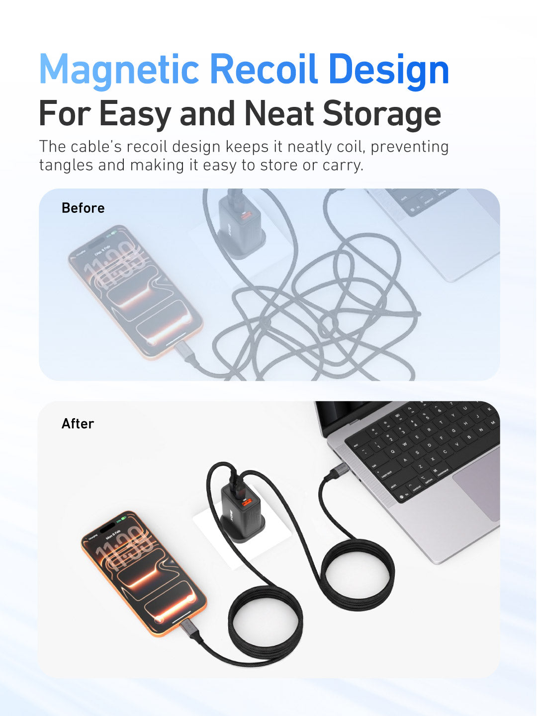 X.One® ReFlex Recoil 60W Self-Retracting USB-C Cable — Magnetic Recoil Design