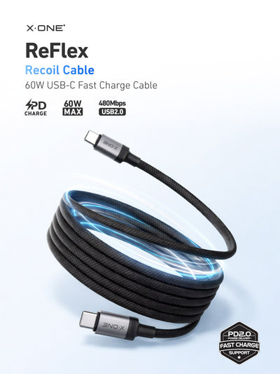 X.One® ReFlex Recoil 60W Self-Retracting USB-C Cable — Main Graphic