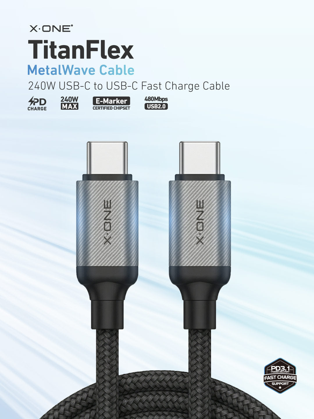 X.One® TitanFlex 240W USB-C Fast Charge Cable — Main Graphic