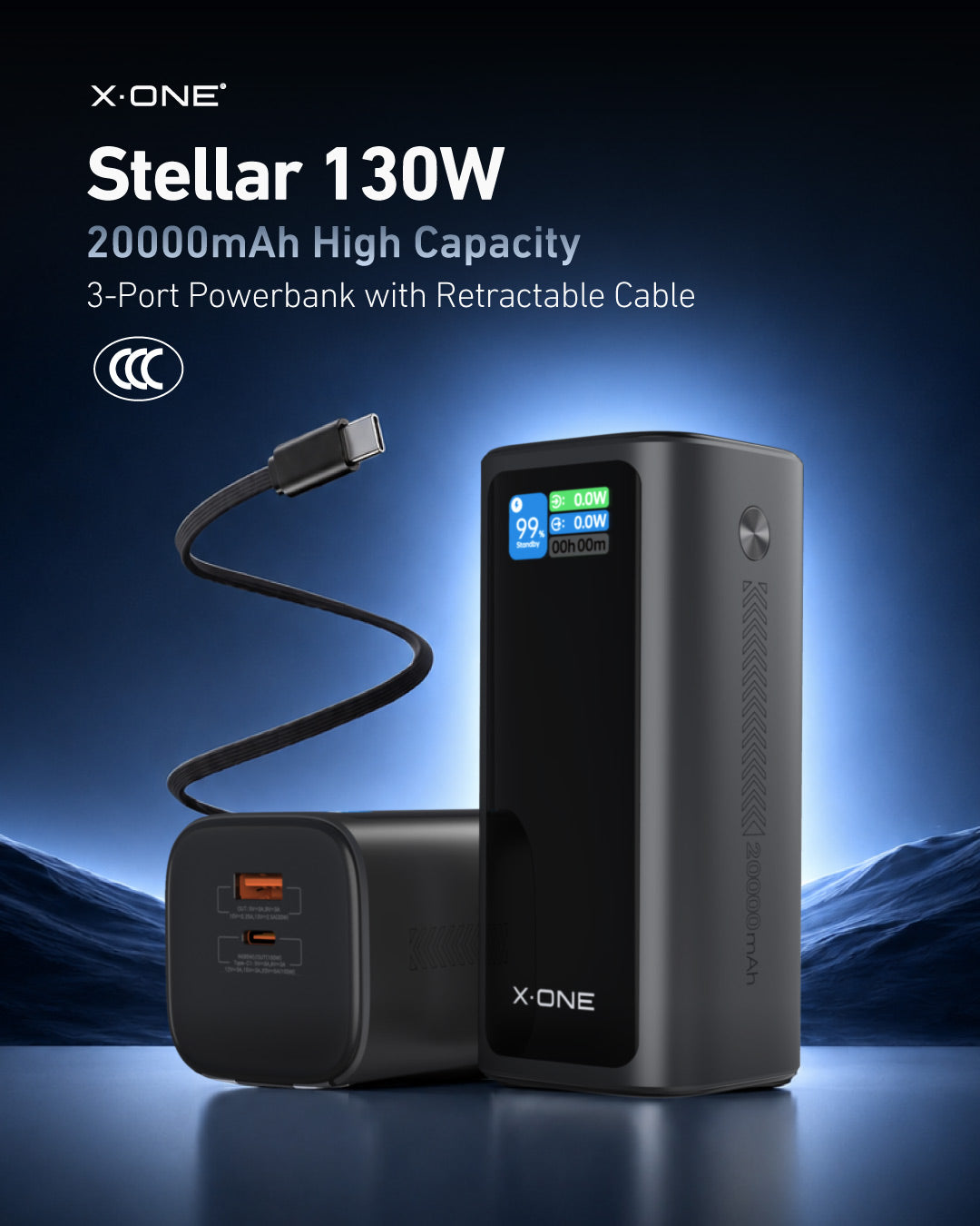 Stellar 130W 20000mAh 3-Port Fast Charging Power Bank with Retractable Cable