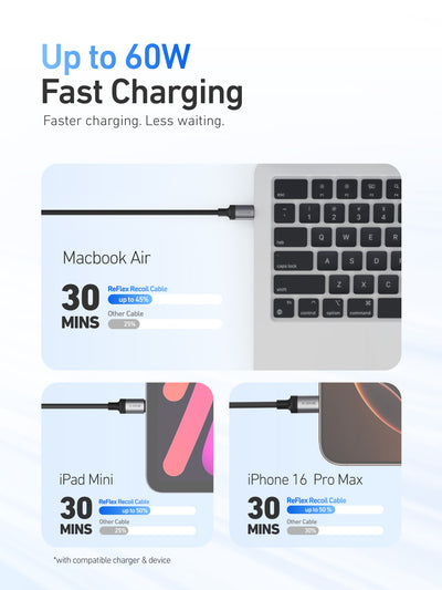 X.One® ReFlex Recoil 60W Self-Retracting USB-C Cable — Up to 60W